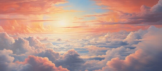 Poster - The orange sun is shining through the cumulus clouds in the sky, creating a beautiful afterglow during sunset