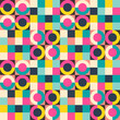 Vector bright summer seamless pattern assembled from squares with geometric ornaments. Vector endless background in modern style