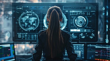 female programmer working on software and coding surrounded by big screens displaying programming language lines in a monitoring room with futuristic concept