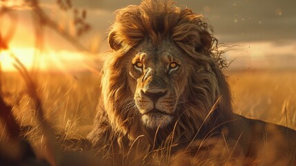Wall Mural - dominant male lion face, wildlife closeup, regal beast, nature predator, powerful roar, wild african