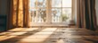 © Lasvu - A wooden table is empty in front of a window with blurred curtains in the background.