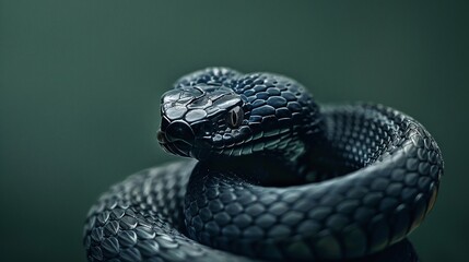 Wall Mural - closeup of a black snake isolated on a dark background, showcasing the mysterious nature and stealth