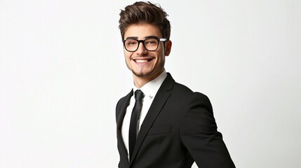 young professional in a black suit and glasses smiling isolated on white background