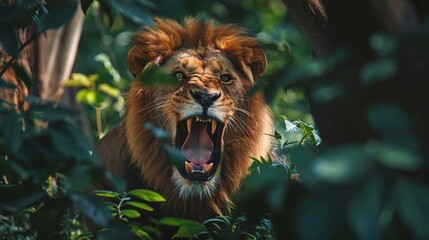 Wall Mural - powerful aggressive male lion roaring closeup behind leafs in the forest showcasing the strength and