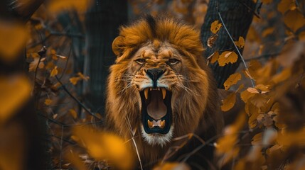 Wall Mural - fierce male lion roaring in the forest closeup behind leafs showcasing the powerful predator in the 