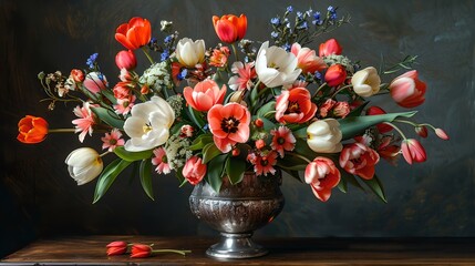 Poster - Elegant bouquet of mixed tulips in a vintage vase against a dark background. perfect image for interior design or greeting cards. vibrant floral arrangement. AI