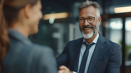 Wall Mural - Portrait of cheerful young manager handshake with new employee. Business partnership meeting in office. Close up of handshake in the office. Mature businessman shake hands with a younger Ai  Generated