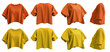 2 Set of yellow orange mustard woman loose cropped midriff tee t shirt round neck front, back and side view on transparent background cutout, PNG file. Mockup template for artwork graphic design