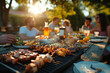 Group of friends having party outdoors. Focus on barbecue grill with food ai generated art. 