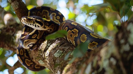 Wall Mural - closeup of python snake coiled and resting on a tree branch in the jungle showing the beauty of wild