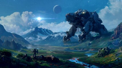 Wall Mural - Fantasy Frontier: Conquering Mountains with the Power of Giant Robotic Guardians. Seamless looping time-lapse virtual 4k video animation background