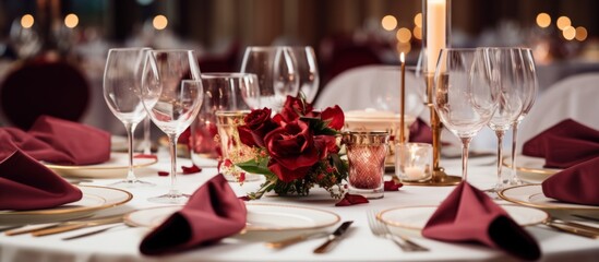 Sticker - The table is elegantly set for a dinner party with tableware, stemware, napkins, and a candle. Wine glasses, plates, and a magenta flower centerpiece create a sophisticated atmosphere