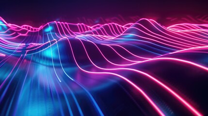 Wall Mural - Abstract digital landscape with flowing neon lines and waves.