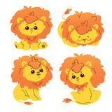 Fototapeta  - Cute Lion Baby Cub Different Poses Set