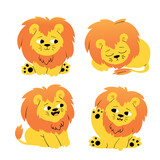 Fototapeta  - Lion cub cartoon set. Cute lion baby illustration set. Sitting, roaring, paw waving, and curling up. Funny vector clip art illustration for kids isolated on white background.