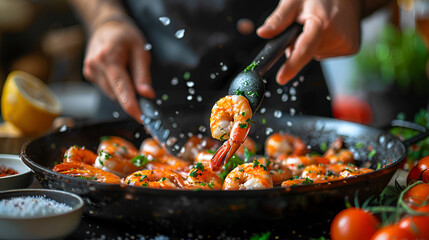 Wall Mural - Seafood Professional cook  prepares shrimps with sp Chef Hands with Shrimp Chef cooking prawns on grill, Generative Ai