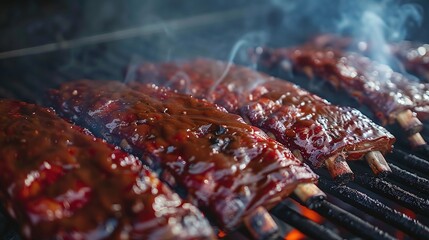 grilling juicy american bbq ribs over an open flame with smoke, a closeup showing the succulent meat, barbecue sauce, and intense smoky flavor