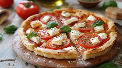 Wall Mural - Tomato and feta cheese tart on a wooden board, fresh ingredients on a rustic table