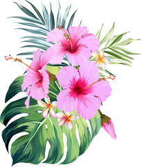 Wall Mural - Tropical bouquet. Hibiscus, plumeria, monstera, paradise flower, palm leaf