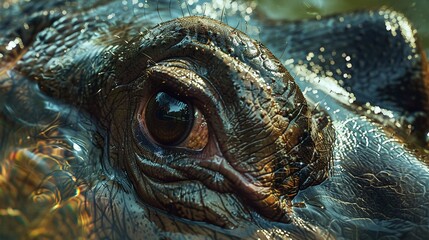 Wall Mural - african hippo with a closeup macro view of its face in a swampy habitat surrounded by water and natu