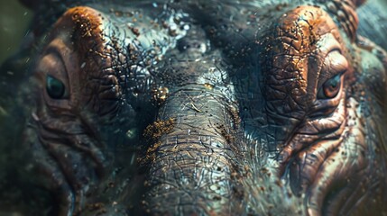 Wall Mural - wild hippo in the african wilderness with a closeup macro shot of its face in a natural habitat near
