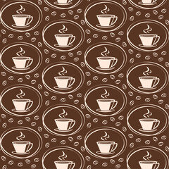 Wall Mural - Coffee cup icon on coffee beans background seamless vector pattern, decorative design for cafe, restaurant and coffeehouse, wallpaper, packaging.