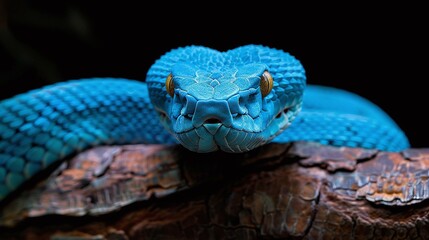 Wall Mural - closeup of blue viper snake face isolated on black background with tree showing the dangerous and ve