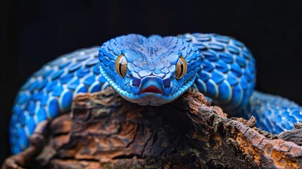 Wall Mural - blue viper snake face closeup on tree isolated on black background highlighting the exotic and venom