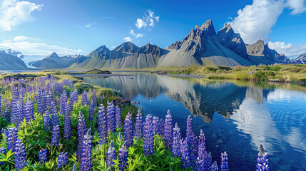 Stokksnes, Iceland with the Stordspecies of vestrahorn mountain in the background, a small lake and blue skies, purple flowers, green grass