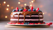 A chocolate cake with fresh berries and chocolate sauce on the cake in the wooden table