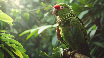 Wall Mural - green parrot perched on a tree branch in the lush green forest, captured in closeup, highlighting th