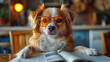 Humor. A dog with glasses reads the latest press.