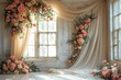 A property featuring a room with a window and curtains adorned with flower decorations. It showcases creative interior design and flower arranging skills
