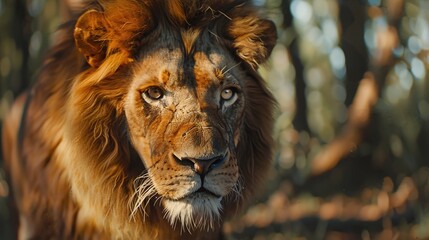Wall Mural - adult lion walking in the wild forest closeup with powerful and majestic mane