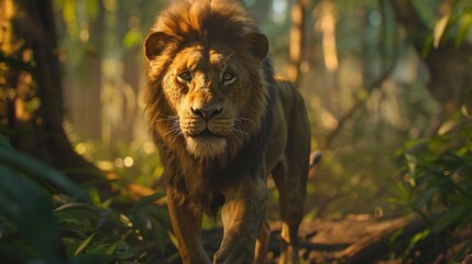 Wall Mural - wild male adult lion walking in the forest closeup with powerful presence