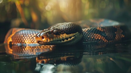 Wall Mural - detailed closeup of a giant anaconda snake in the amazon river within the rainforest capturing the h