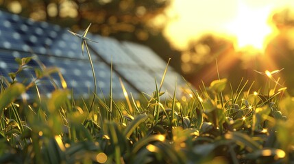 Wall Mural - windmill and solar panels closeup with sun reflection on grass symbolizing ecofriendly renewable energy for sustainable future power generation