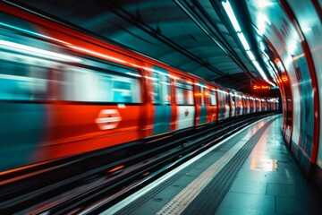 Red tube train in motion, captured perspective of someone standing on one side as it passes. Background is blur with streaks and lines representing speed and movement.