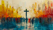 © NE97 - A modern painting depicting a crowd of people around a Christian cross, representing faith and unity.