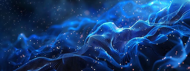 Wall Mural - abstract blue background with weave lines and wave of dots for cyberspace metaverse and data transfe