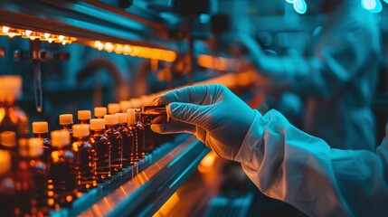 Wall Mural - hand in sanitary gloves inspecting glass vials on production line at pharmaceutical factory using automated machines to ensure quality and safety standards