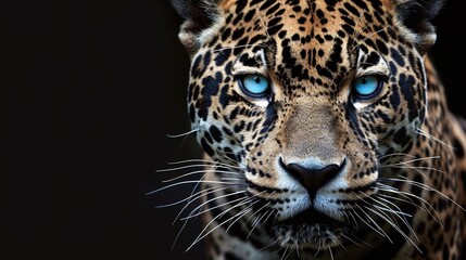 Wall Mural - close up of a black and white jaguar with blue eyes isolated on a white background with copy space highlighting its exotic and majestic nature perfect for wildlife photography