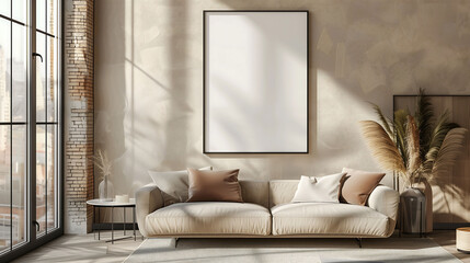 Poster - Minimalist sofa interior with empty poster frame mockup