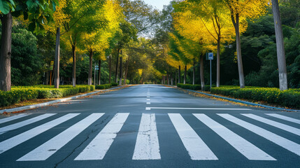 A street with a crosswalk and trees in the background