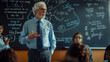 © Studio Nova - A seasoned educator discusses complex topics with students in front of a chalkboard filled with formulas.