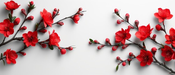   A tree featuring two branches with red blooms