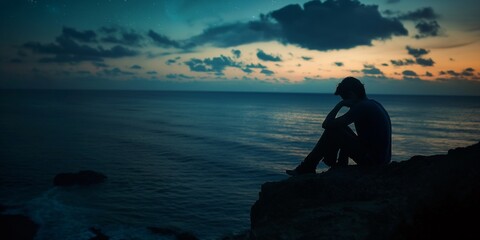 Wall Mural - silhouette of a person sitting by the ocean and thinking at the sunset