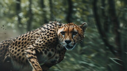 Wall Mural - wild african cheetah running in the forest captured in closeup showcasing its agility and speed
