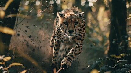 Wall Mural - closeup of a wild cheetah sprinting through the african forest in a breathtaking wildlife scene