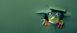 A curious green frog with big eyes peers sideways through a tear in green paper, a humorous and creative depiction